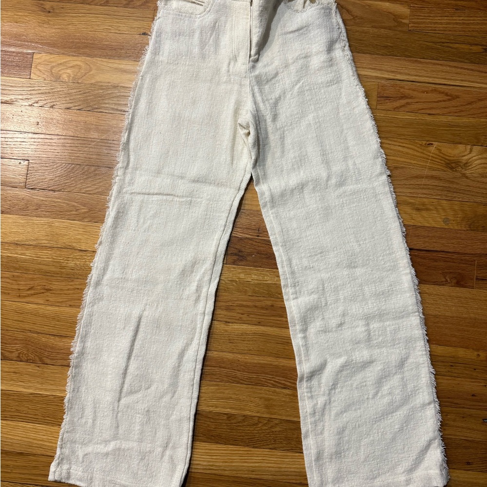 White Frayed Hem Wide-Leg Pants